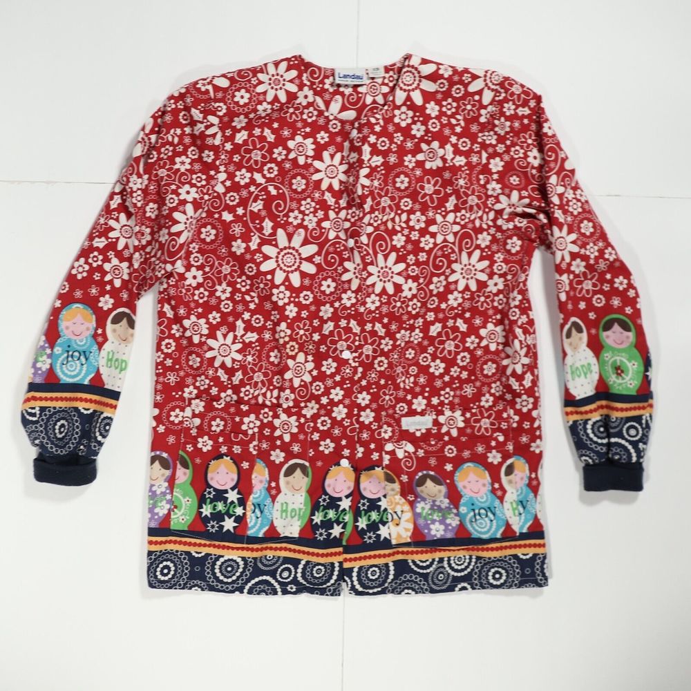 Landau Womens Scrub Top Shirt Size XS Multicolor Christmas Design Snap Up